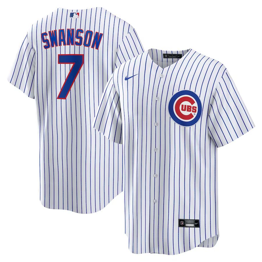 Men Chicago Cubs 7 Dansby Swanson Nike White Royal Home Replica Player MLB Jersey